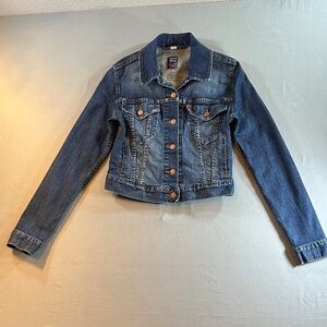 Levi’s Denim Jacket Womens Small Dark Wash Stretch Fitted Trucker Classic